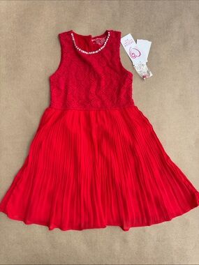 Design History Red Lace Bodice Pleated Party Dress with Beaded Neckline